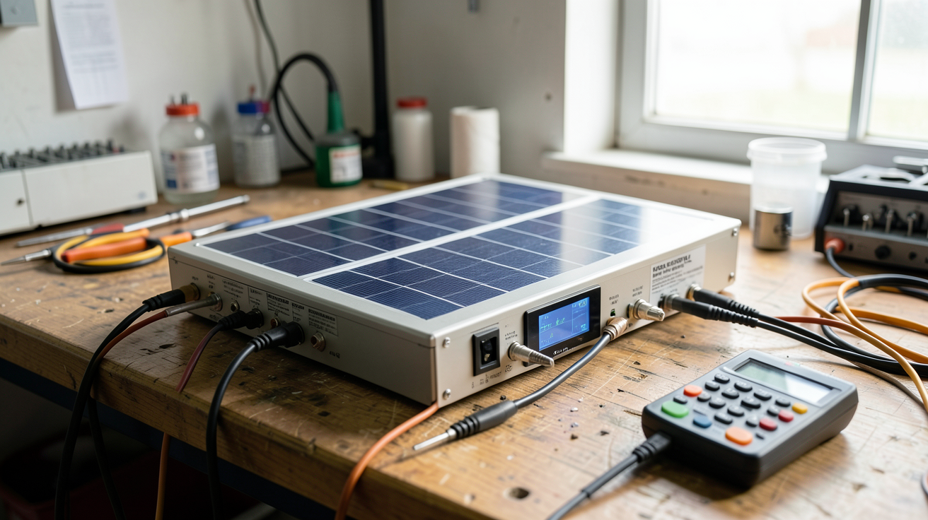 batterie solaire lithium-ion de grande capacité posée sur une table de travail avec des outils de mesure électriques