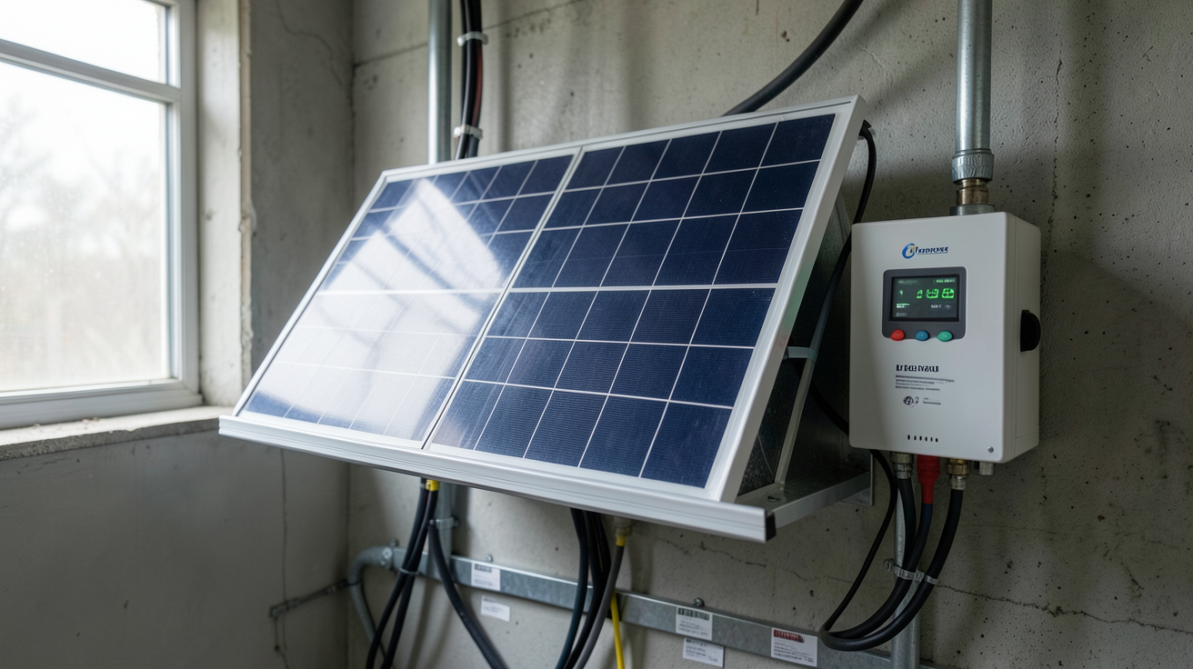batterie solaire lithium installée dans un local technique avec un onduleur hybride connecté