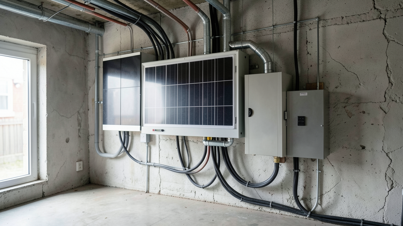 batterie solaire maison fonctionnant dans un garage technique avec câbles électriques organisés
