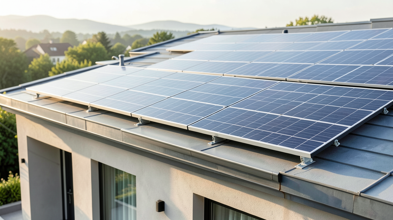 batterie solaire maison prix montrant une batterie installée avec des panneaux solaires sur le toit d'une maison