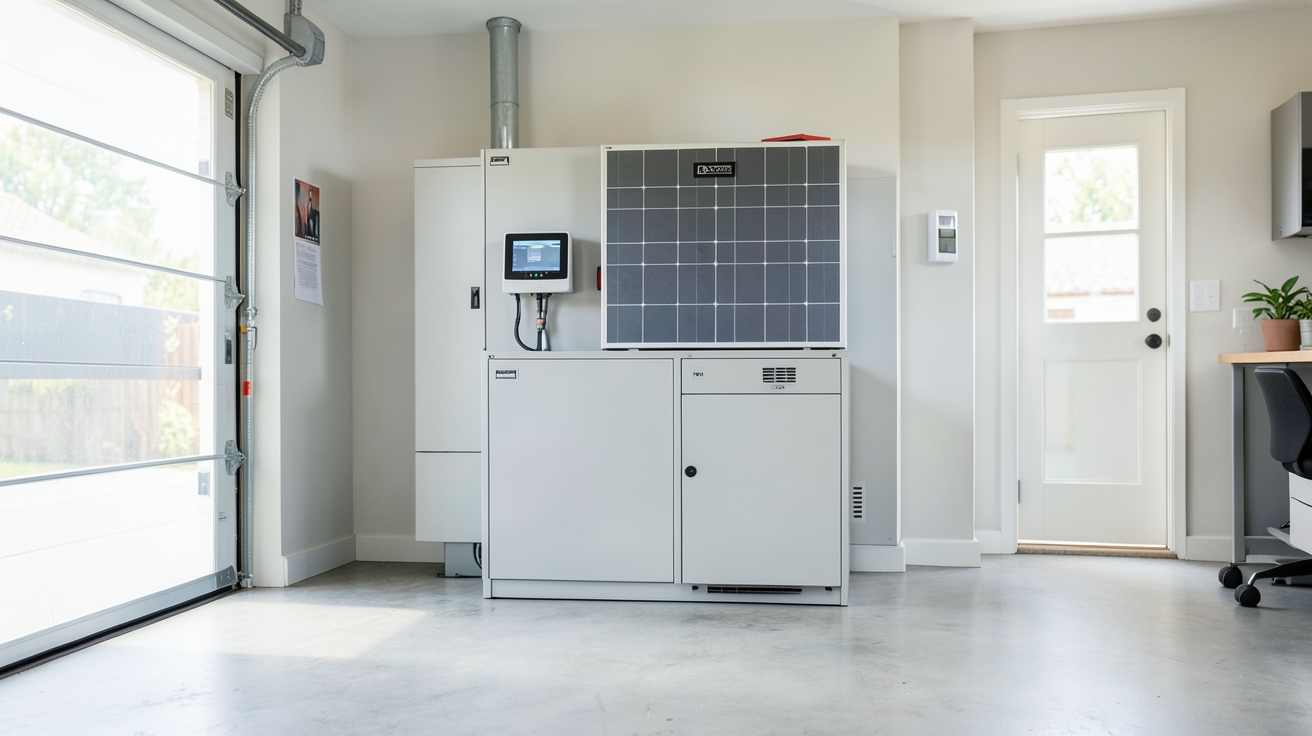 batterie solaire pas cher installée dans un garage résidentiel moderne et bien éclairé