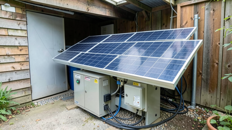 batterie solaire pas cher installée dans un garage avec des outils et équipements de bricolage en arrière-plan