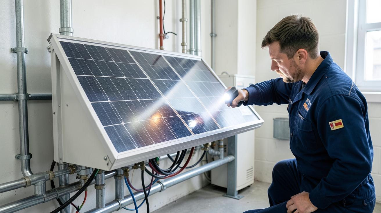 batterie solaire plomb en cours d'entretien périodique par un technicien vérifiant les niveaux d'électrolyte