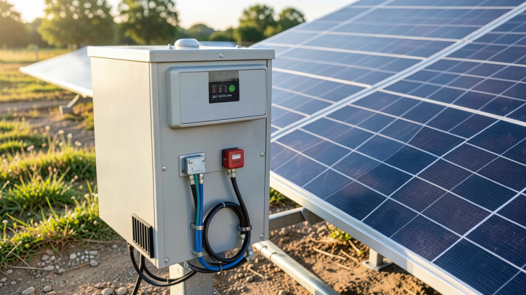 batterie solaire plomb installée à l'extérieur près d'un panneau photovoltaïque
