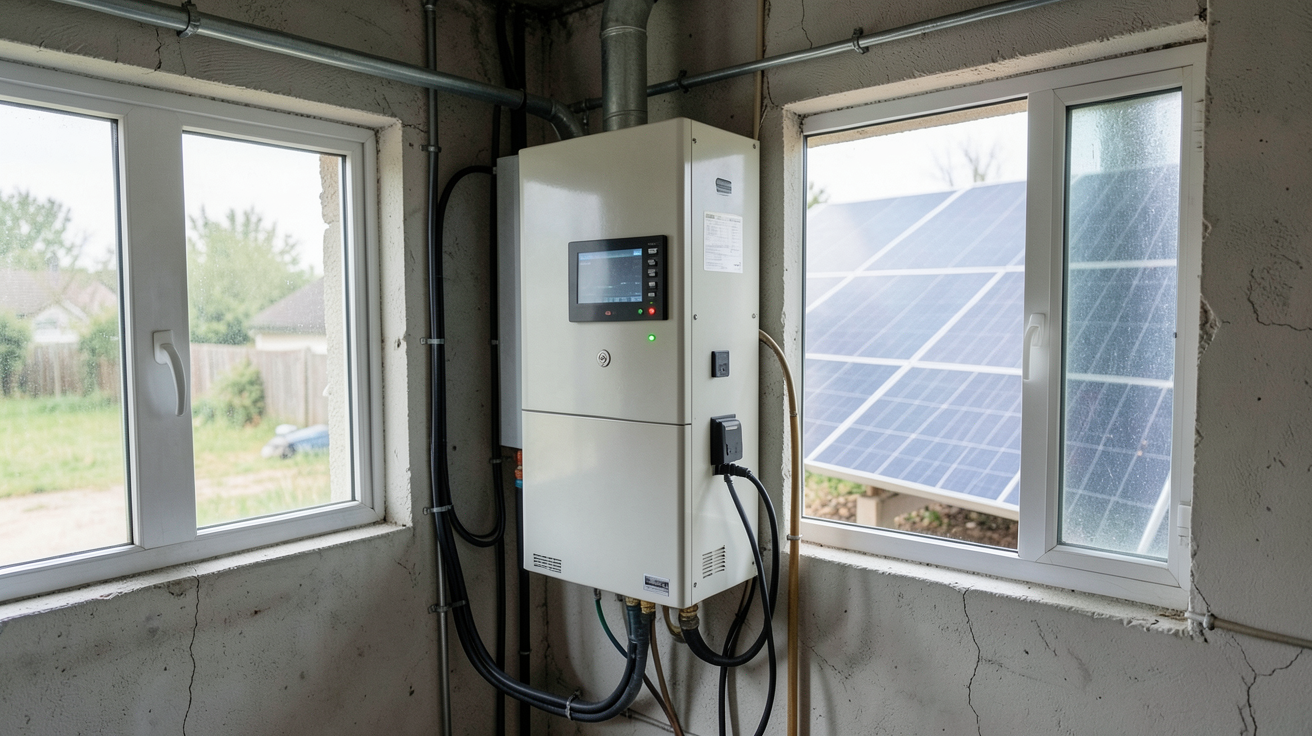 batterie solaire pour maison installée dans un garage technique avec panneaux solaires visibles à travers une fenêtre