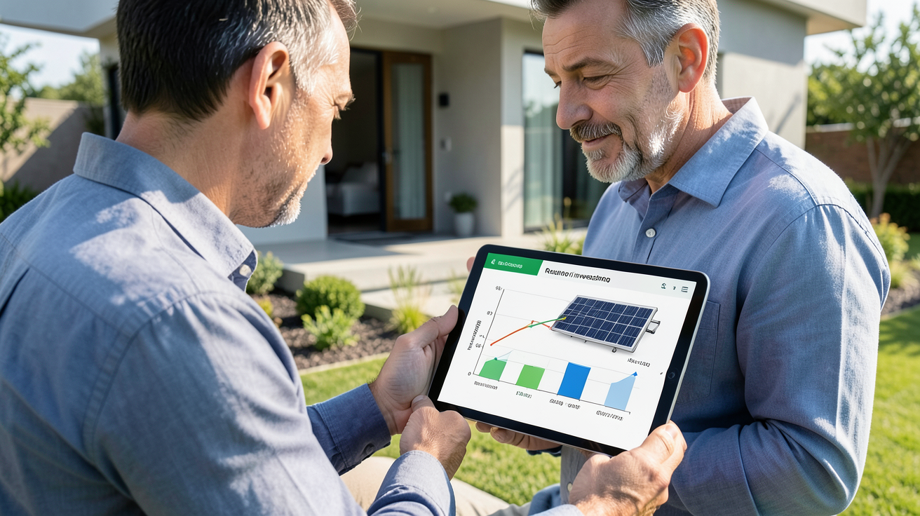 batterie solaire prix montrant un propriétaire analysant le retour sur investissement et la durée de récupération d'une batterie solaire