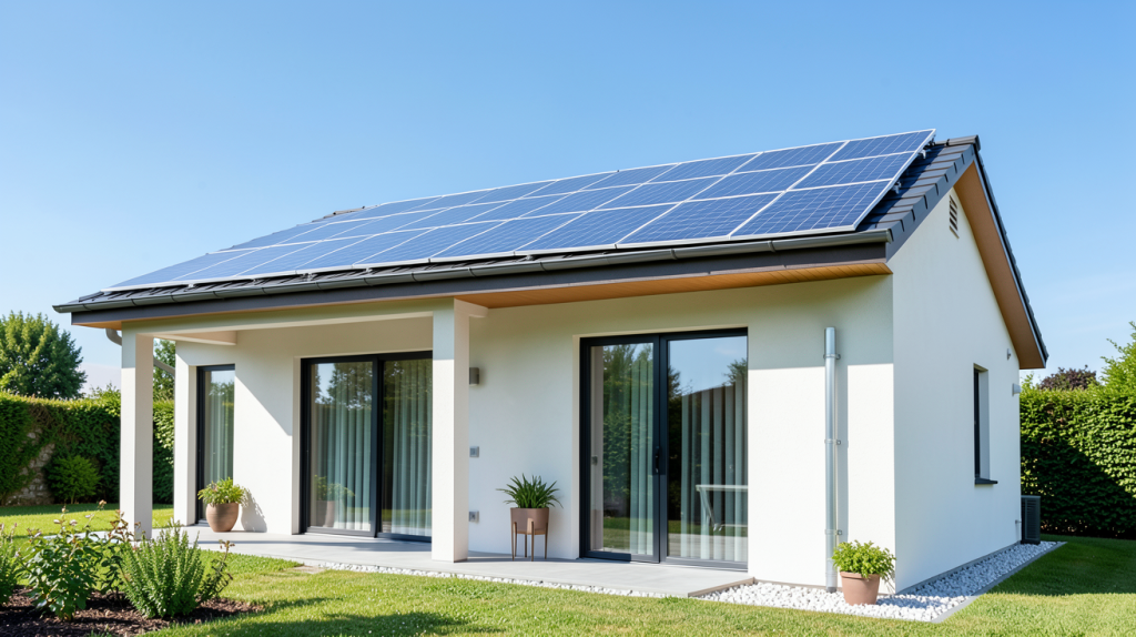 batterie solaire virtuelle représentée par des panneaux photovoltaïques sur une maison moderne