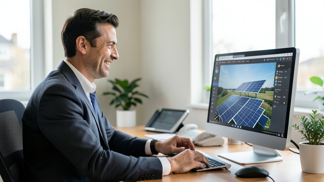 batterie solaire virtuelle vue lors d'un témoignage client, utilisateur consulté sur un écran d'ordinateur dans un bureau lumineux