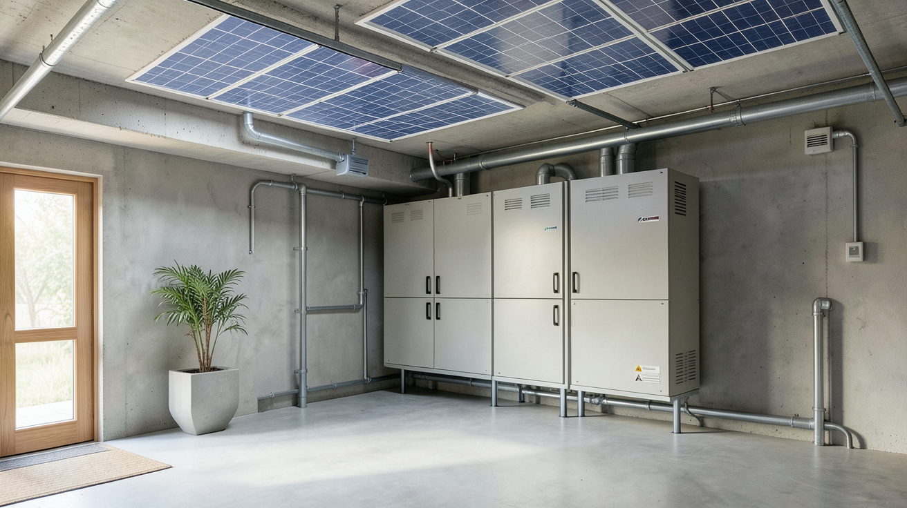 batterie de stockage d'électricité photovoltaïque installée dans un garage technique d'une maison moderne