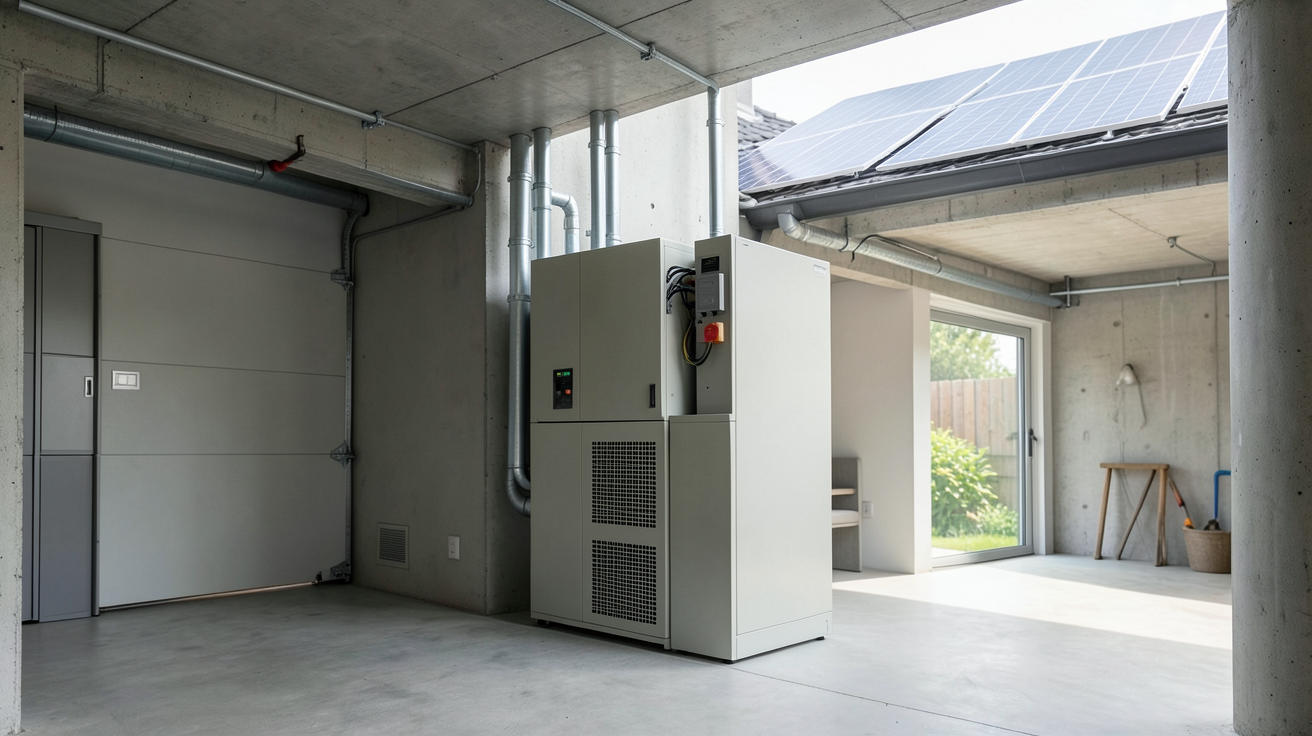 batterie de stockage d'électricité photovoltaïque installée dans un garage avec des panneaux solaires sur le toit d'une maison