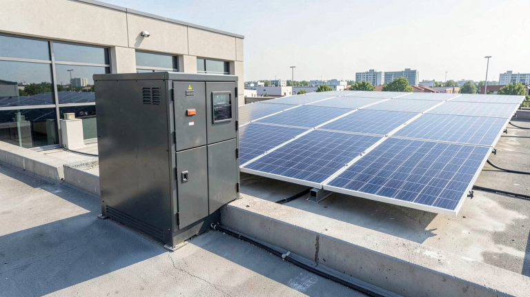 batterie stockage electricite solaire installée à côté de panneaux photovoltaïques sur le toit d'un bâtiment commercial