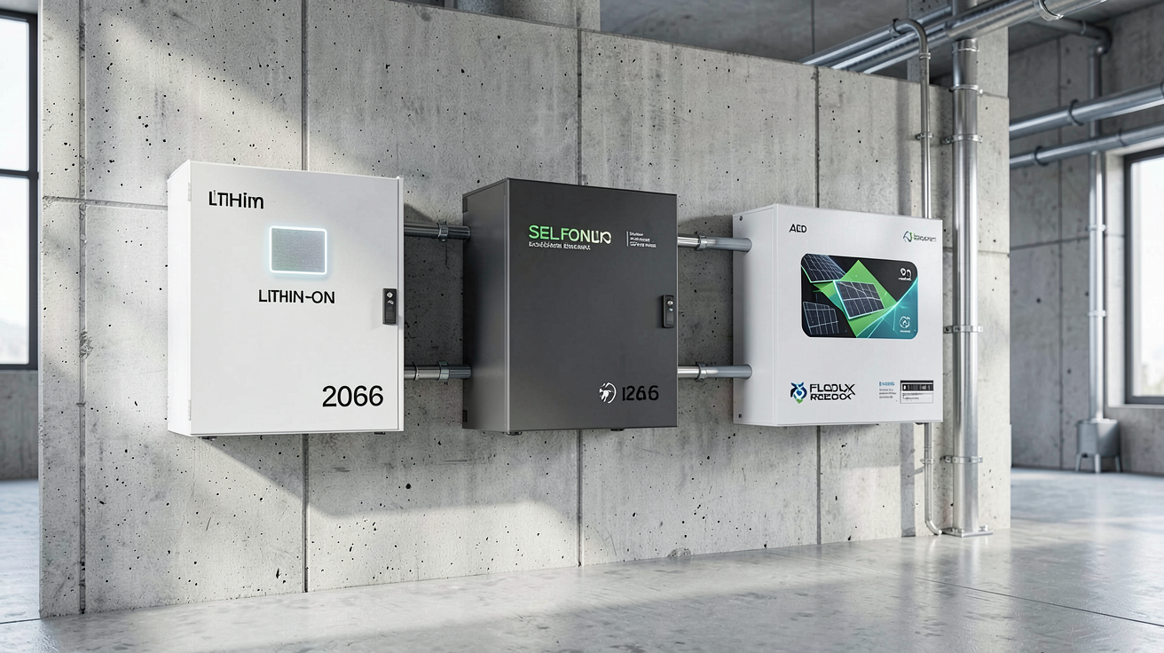 batterie de stockage d'électricité solaire 2026 présentant trois technologies modernes côte à côte