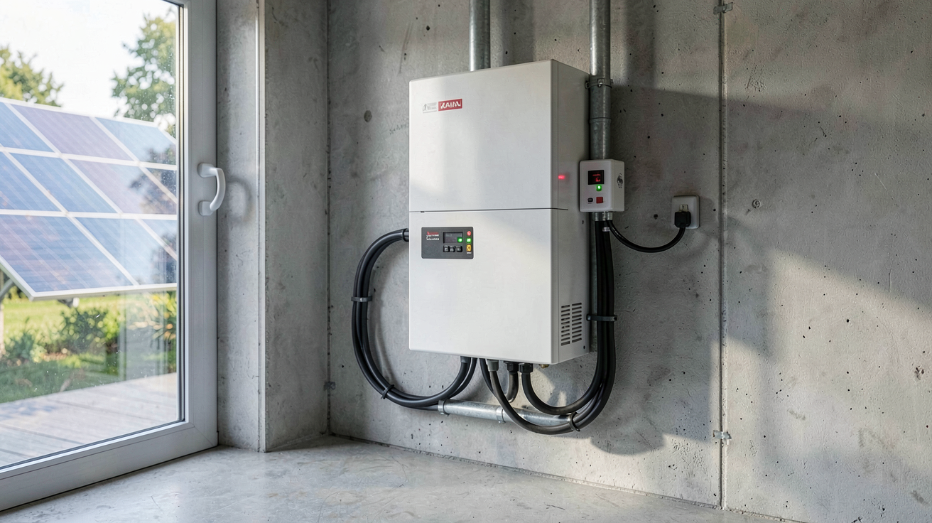 batterie de stockage d'électricité solaire installée dans un garage moderne avec des panneaux solaires en arrière-plan