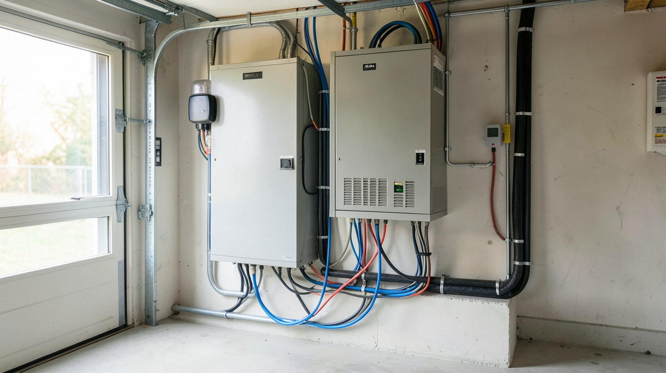 batterie de stockage d'énergie solaire installée dans un garage domestique avec câbles électriques organisés
