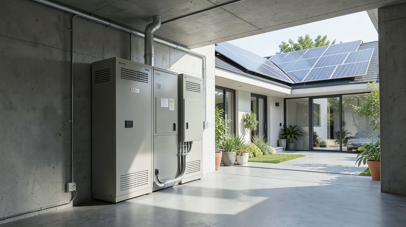 batterie de stockage d'énergie solaire installée dans un garage moderne avec des panneaux solaires sur le toit d'une maison