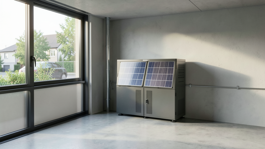 batterie de stockage d'énergie solaire installée dans un garage moderne d'une maison urbaine