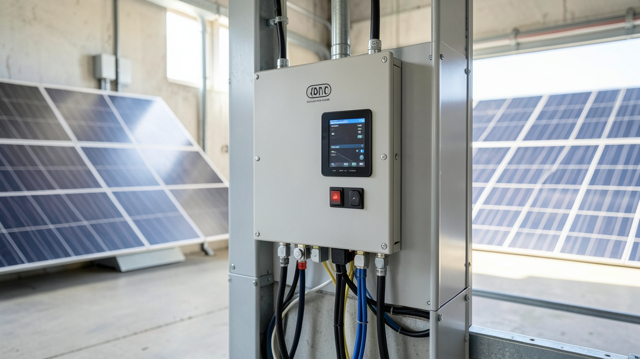 batterie de stockage d'énergie solaire moderne installée dans un local technique avec panneaux solaires en arrière-plan