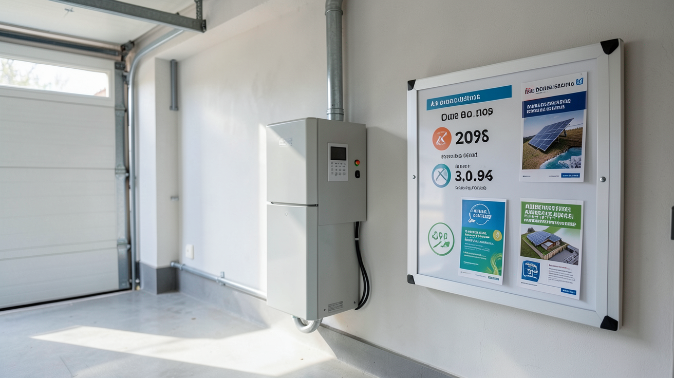 batterie stockage panneau solaire montrant un système de stockage avec un tableau de coûts et des brochures d'aides financières