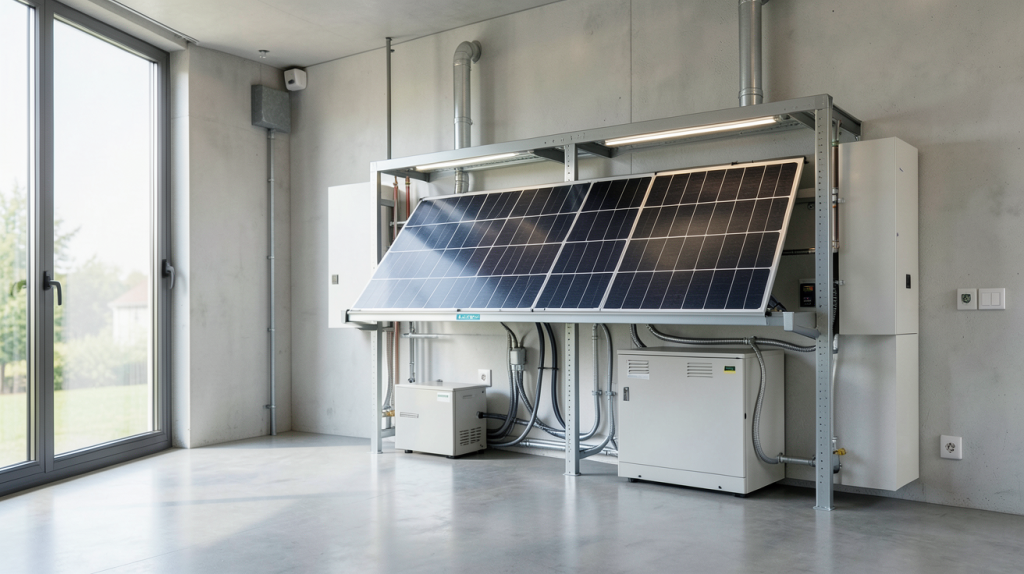batterie stockage panneau solaire installée dans un intérieur moderne et lumineux