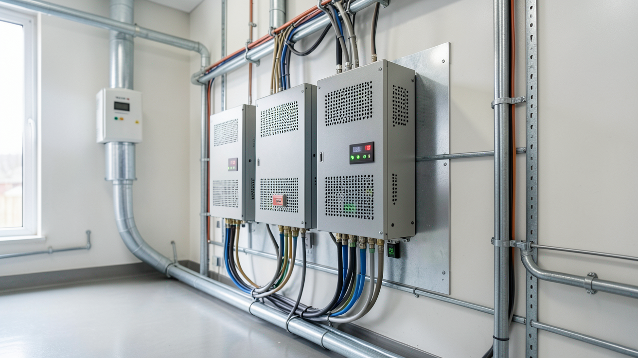 batterie de stockage photovoltaïque installée dans un local technique propre et bien éclairé