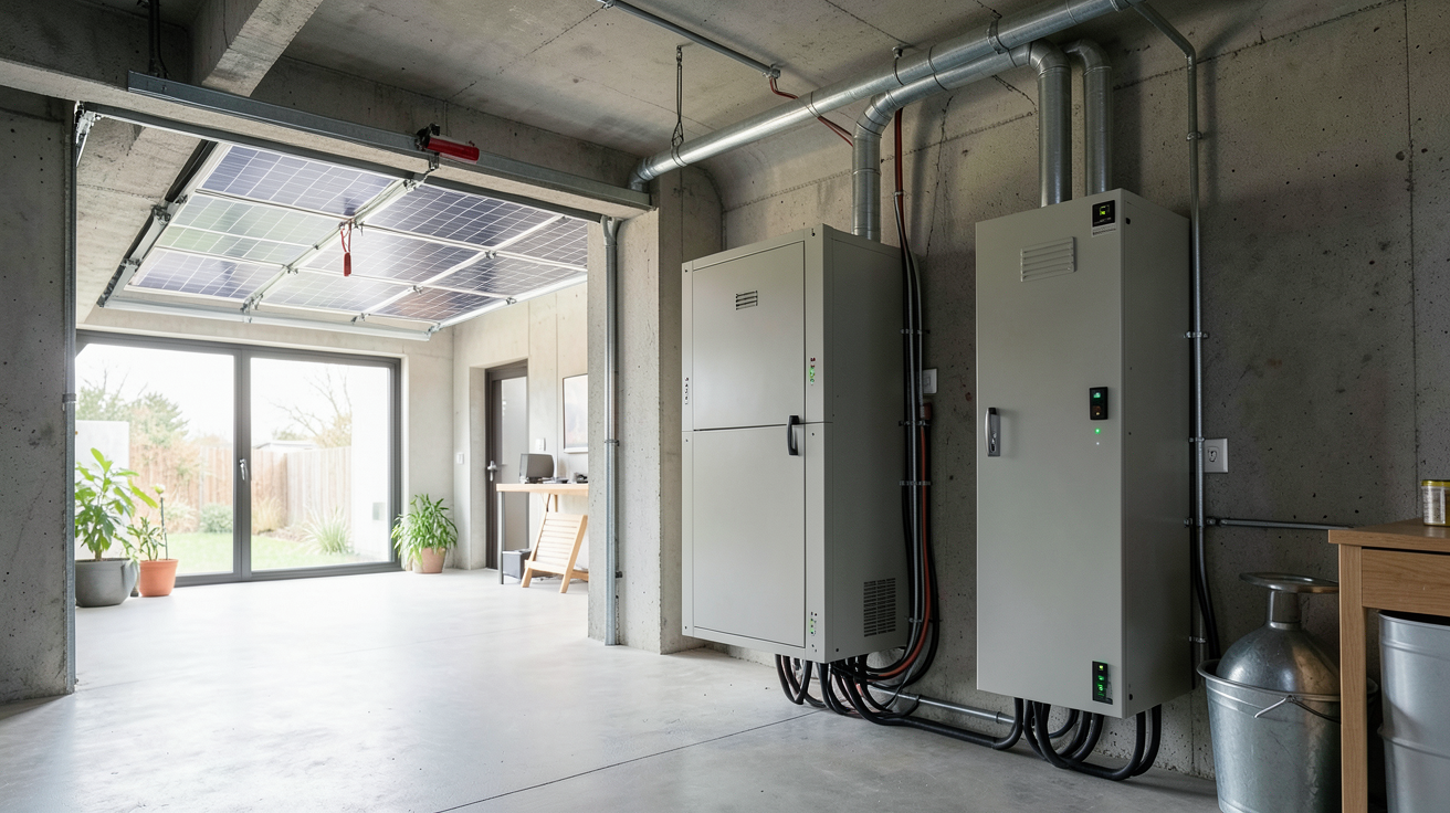 batterie de stockage photovoltaïque moderne installée dans un garage, connectée à des panneaux solaires sur un toit