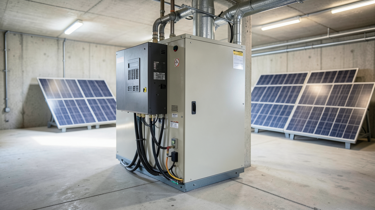 batterie stockage photovoltaïque moderne installée dans un garage technique avec panneaux solaires en arrière-plan