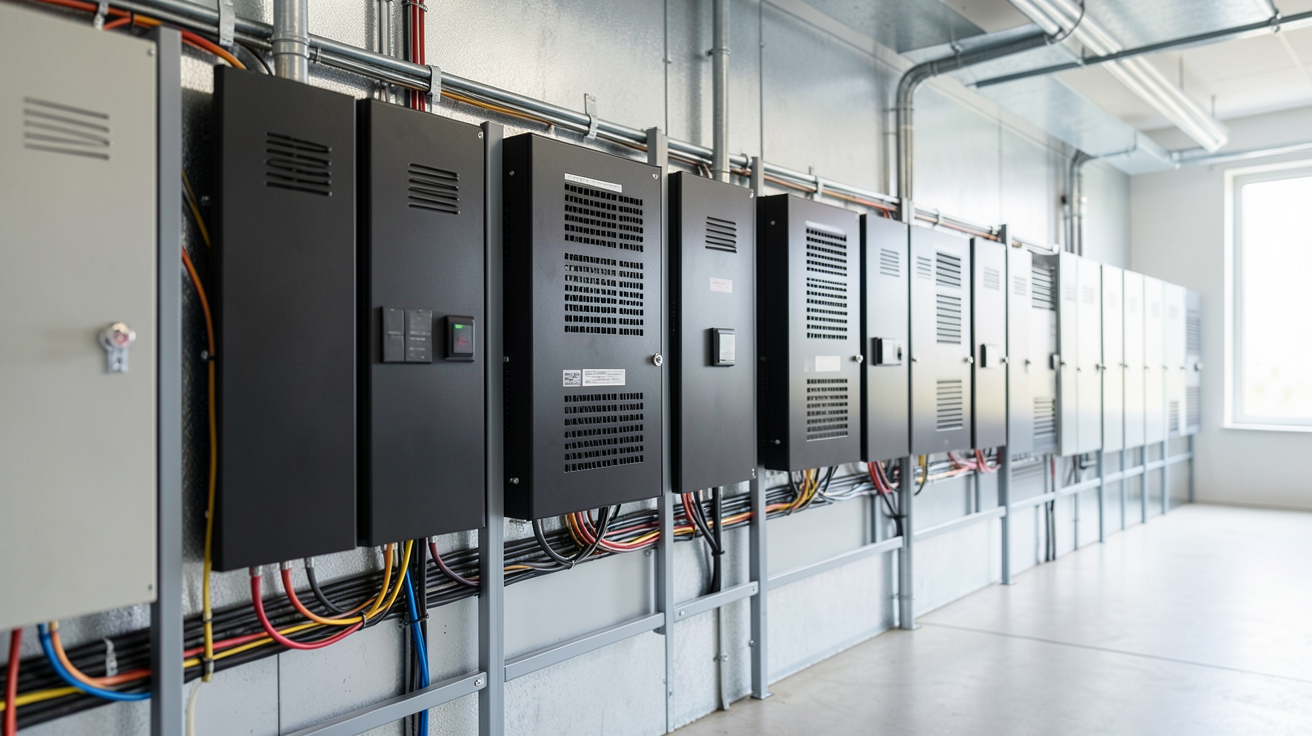 batterie de stockage photovoltaïque moderne alignée dans un local technique