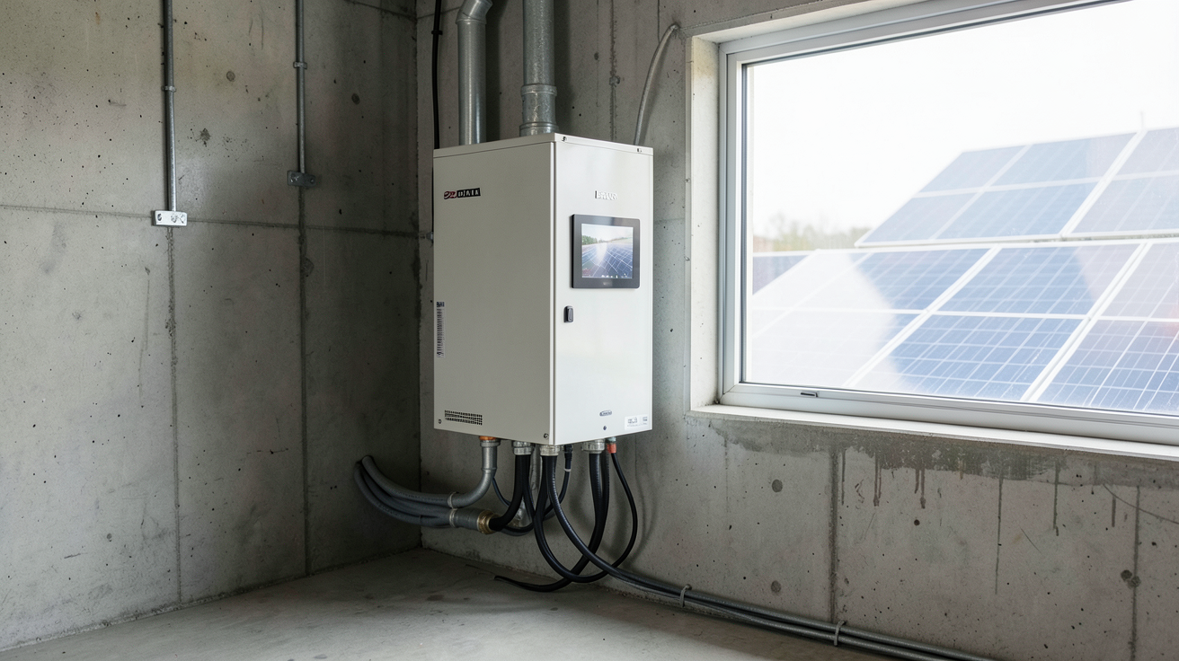 batterie de stockage solaire moderne installée dans un garage technique connectée à des panneaux solaires