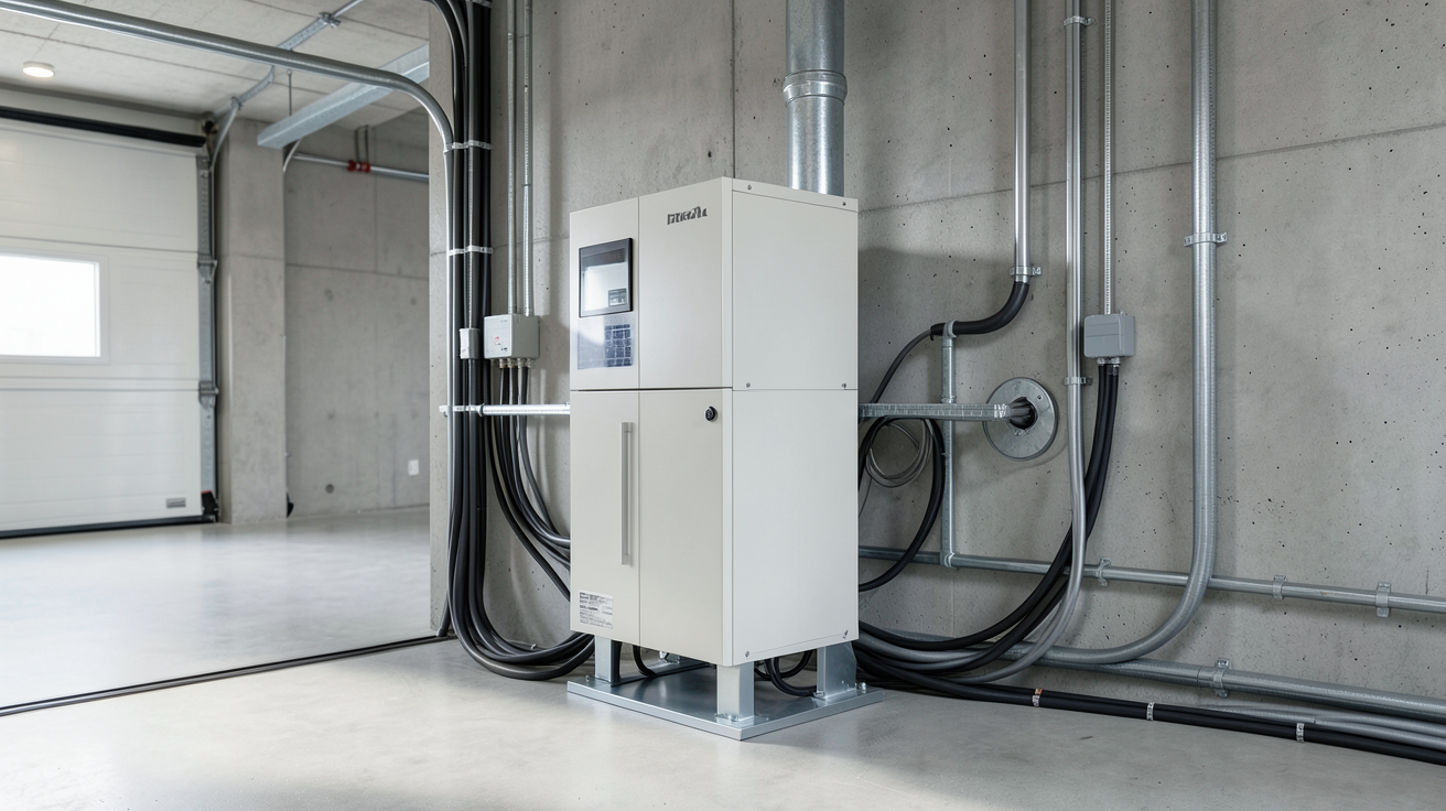 batterie stockage solaire installée dans un garage moderne avec câbles électriques organisés