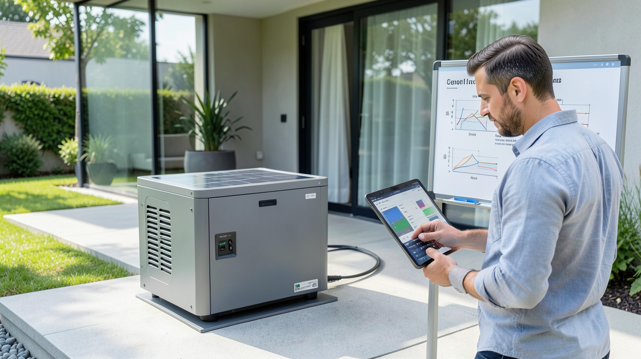 batterie stockage solaire maison dimensionnée selon la consommation d'énergie du foyer, vue en extérieur avec tableau de calcul et professionnel en pleine analyse