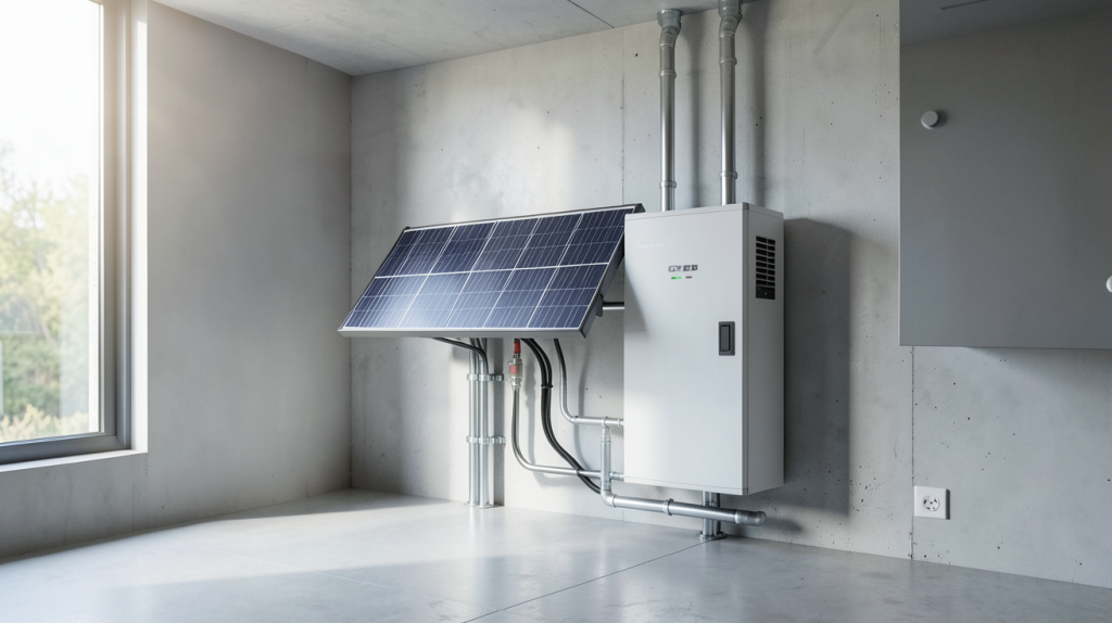 batterie stockage solaire maison installée dans un local technique moderne et propre