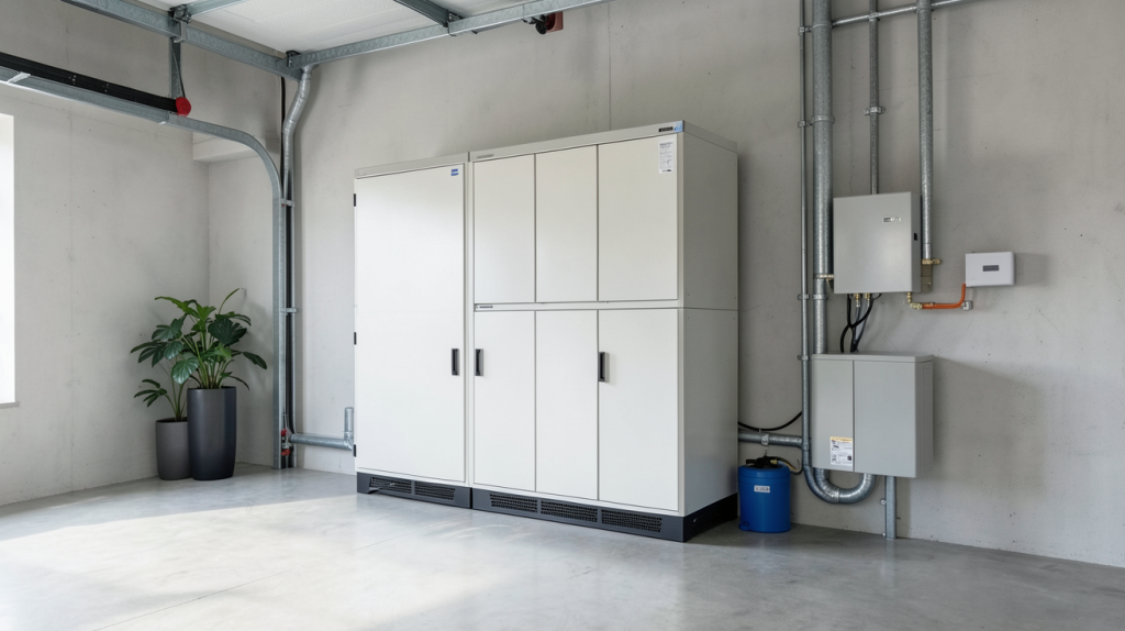 batterie de stockage solaire installée dans un garage moderne