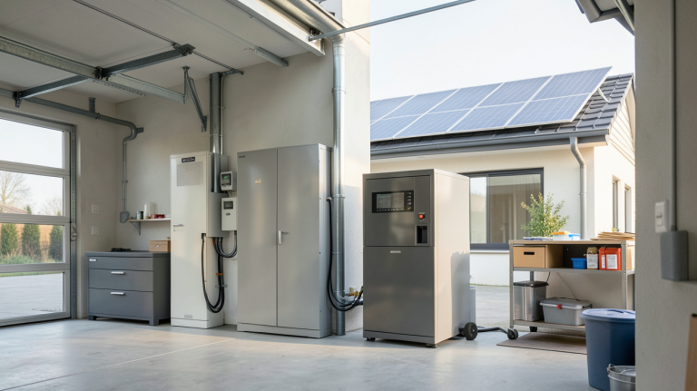 batterie de stockage solaire installée dans un local technique avec des panneaux solaires sur le toit d'une maison