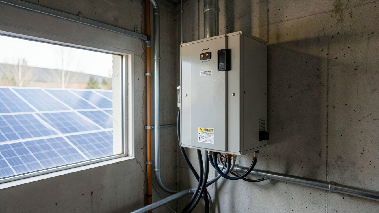 batterie de stockage solaire moderne installée dans un garage avec des panneaux solaires en arrière-plan