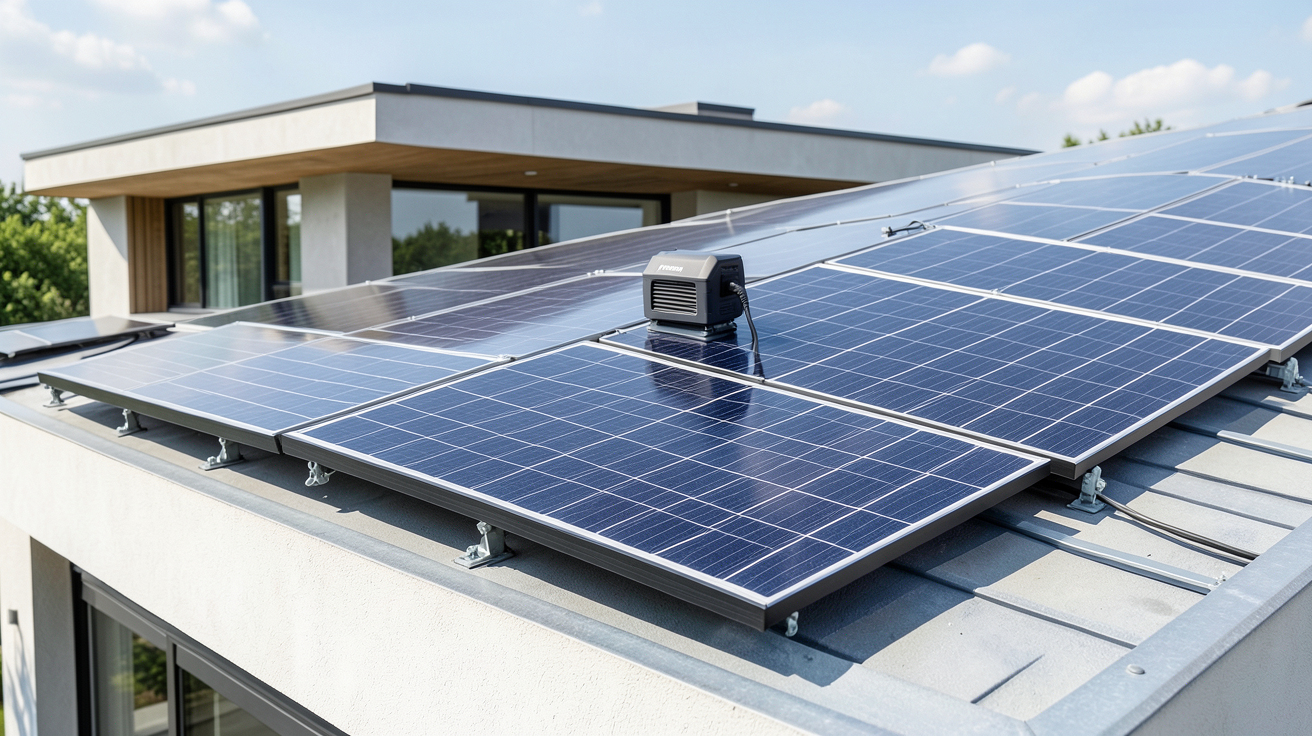 batterie sur panneau solaire montrant une unité de stockage connectée à des panneaux photovoltaïques sur toit résidentiel