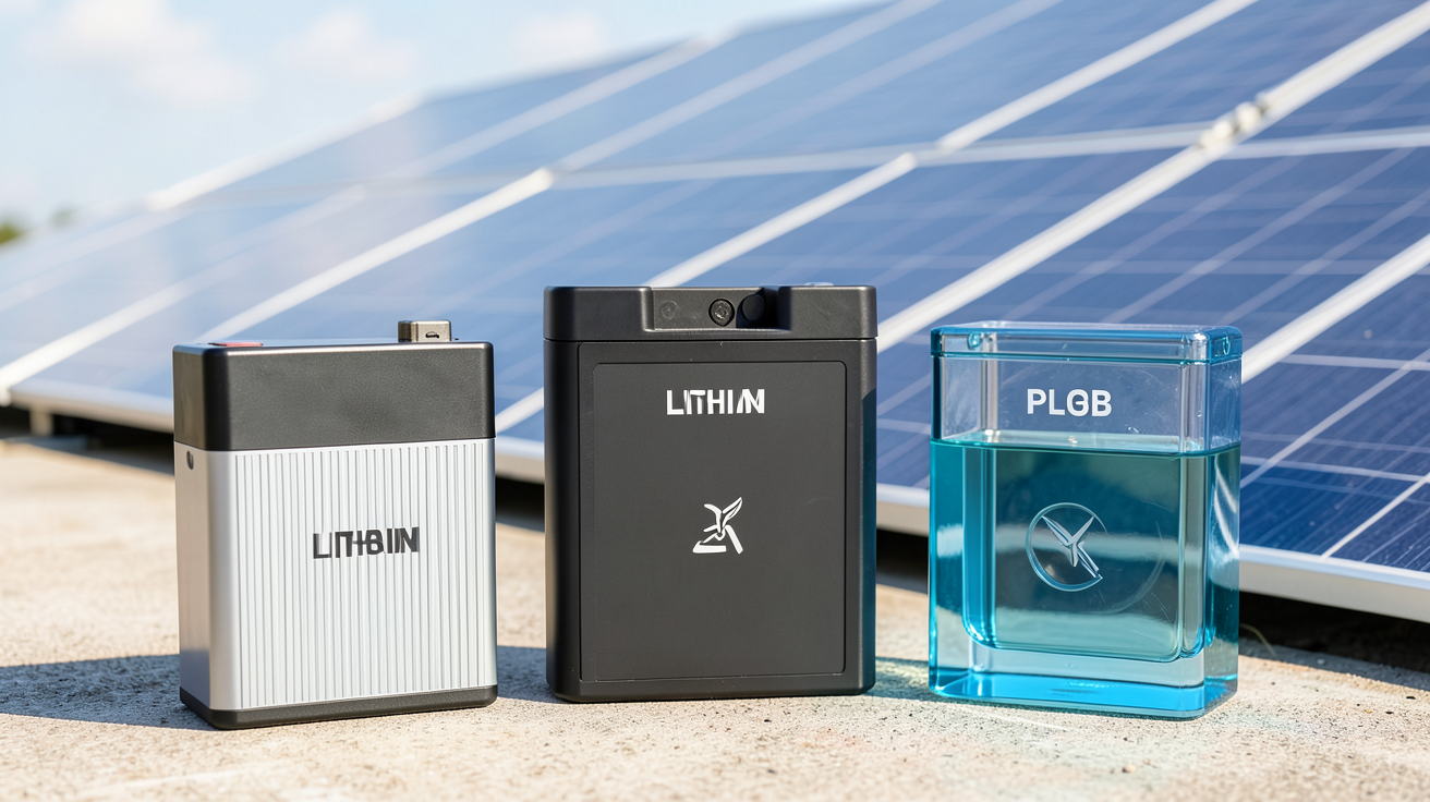 batterie sur panneau solaire montrant un comparatif des batteries lithium, plomb et gel devant un panneau solaire