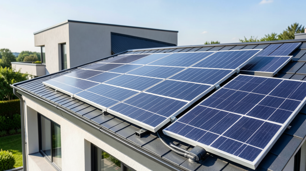 batterie sur panneau solaire installée sur le toit d'une maison contemporaine