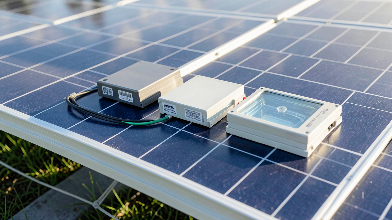 batterie sur panneau solaire montrant différents types de batteries lithium, plomb et gel sur un panneau photovoltaïque