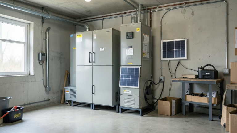 batterie système solaire installée dans un garage technique avec câbles et onduleur visibles