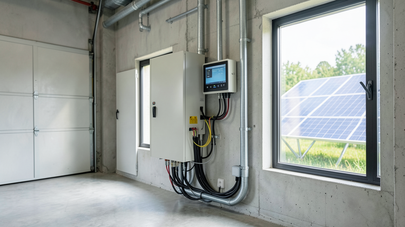 batterie système solaire installée dans un garage moderne, connectée à des panneaux photovoltaïques