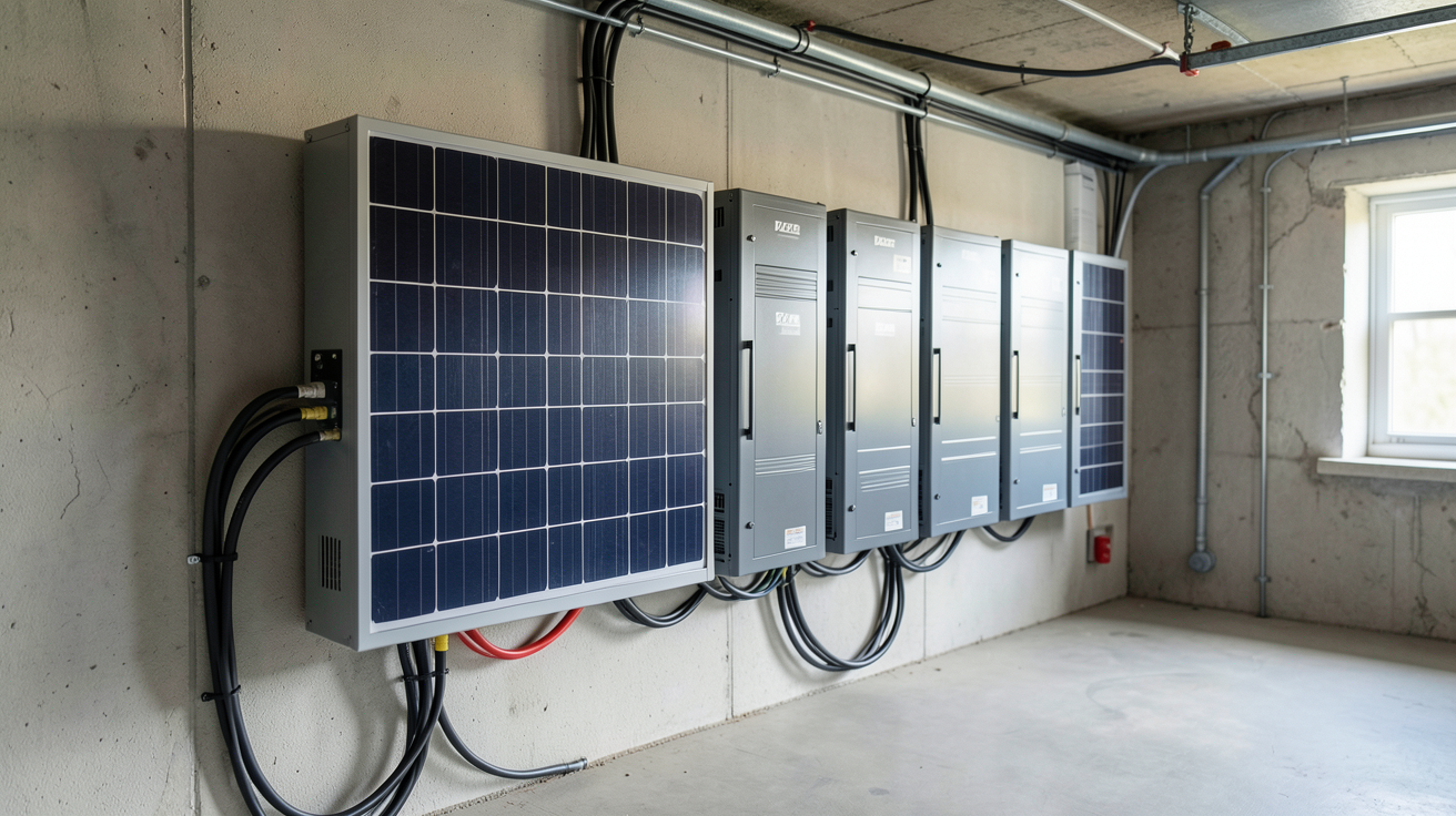 batterie système solaire moderne avec plusieurs unités lithium-ion alignées dans un espace technique