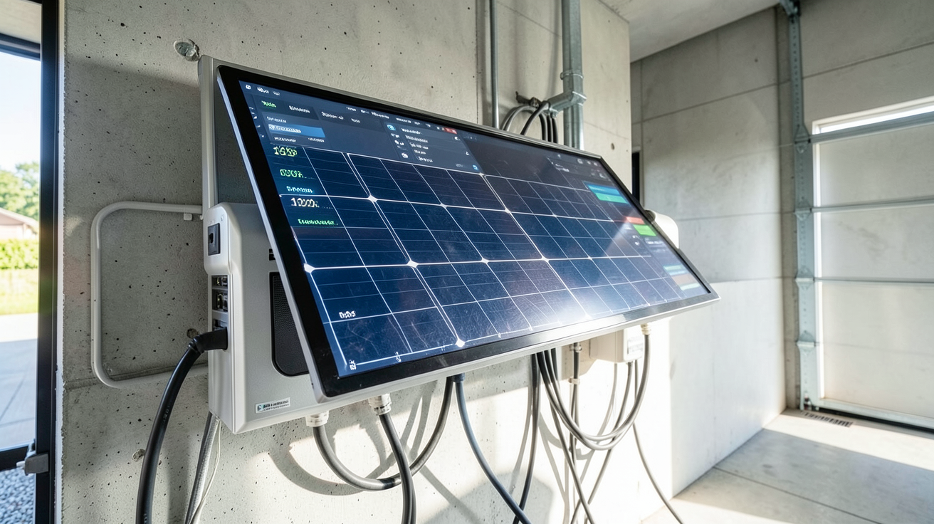 batterie virtuelle pour panneau solaire installée dans un garage moderne avec écran affichant les données énergétiques