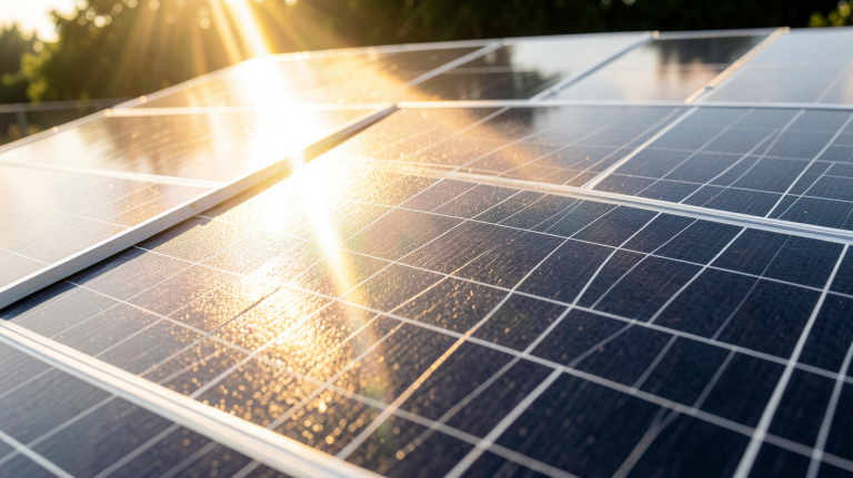 beam solaire frappant des panneaux photovoltaïques sous une lumière intense