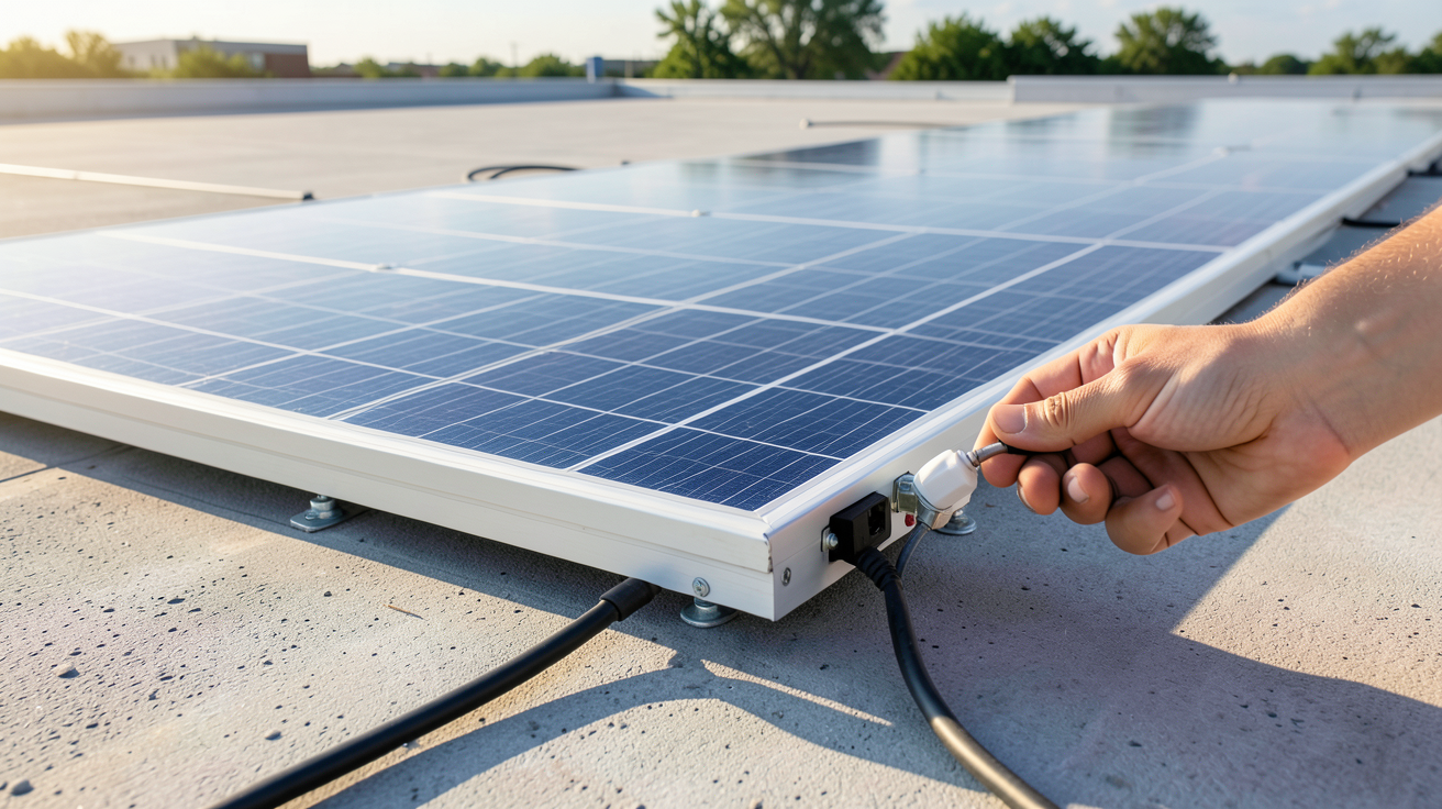 beam solaire installé sur un toit avec un câble de connexion et un connecteur pour une installation Plug & Play