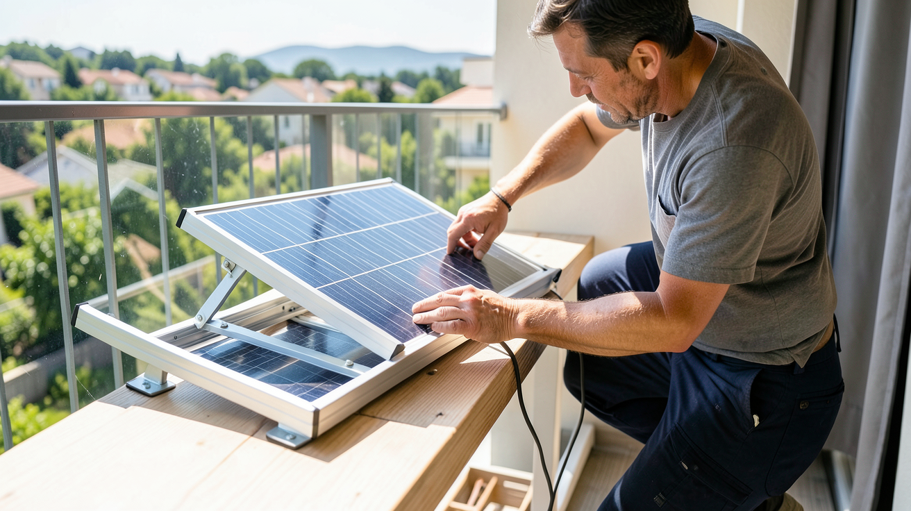 beem ou sunology illustrant la simplicité d'installation d'un kit solaire sur un balcon