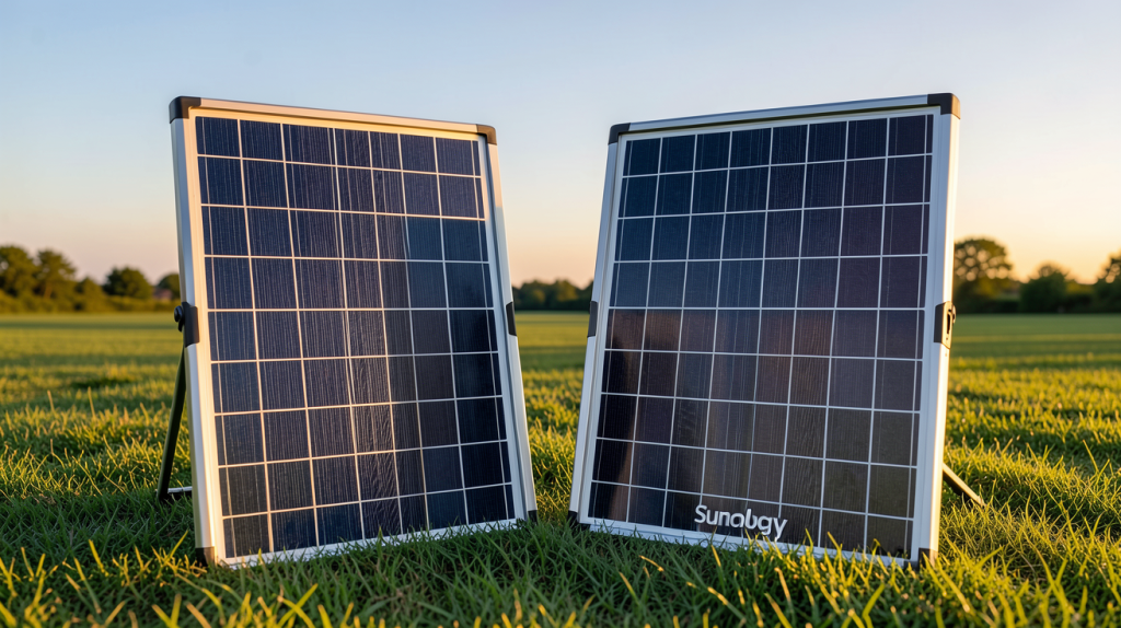 beem ou sunology panneaux solaires portables posés sur une pelouse sous un ciel dégagé