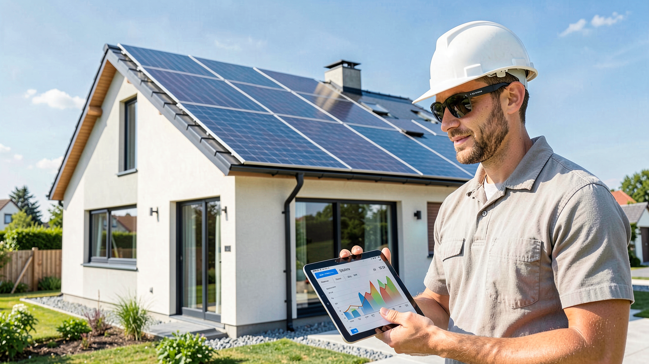 beem panneau solaire montre les aides financières 2024 pour l'installation, avec des panneaux solaires sur un toit et un professionnel consultant une tablette avec des données financières