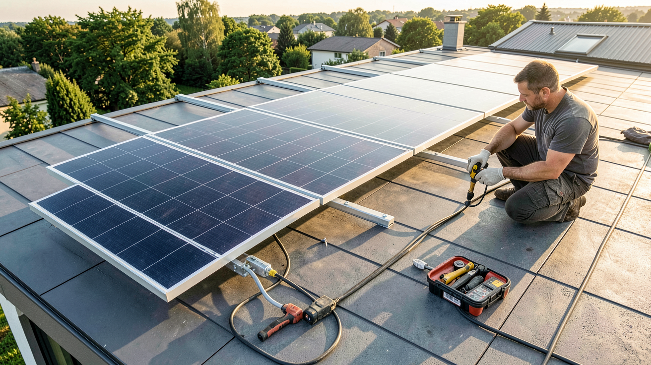 beem panneau solaire en cours d'installation sur le toit, kit complet illustrant chaque étape du guide pas à pas
