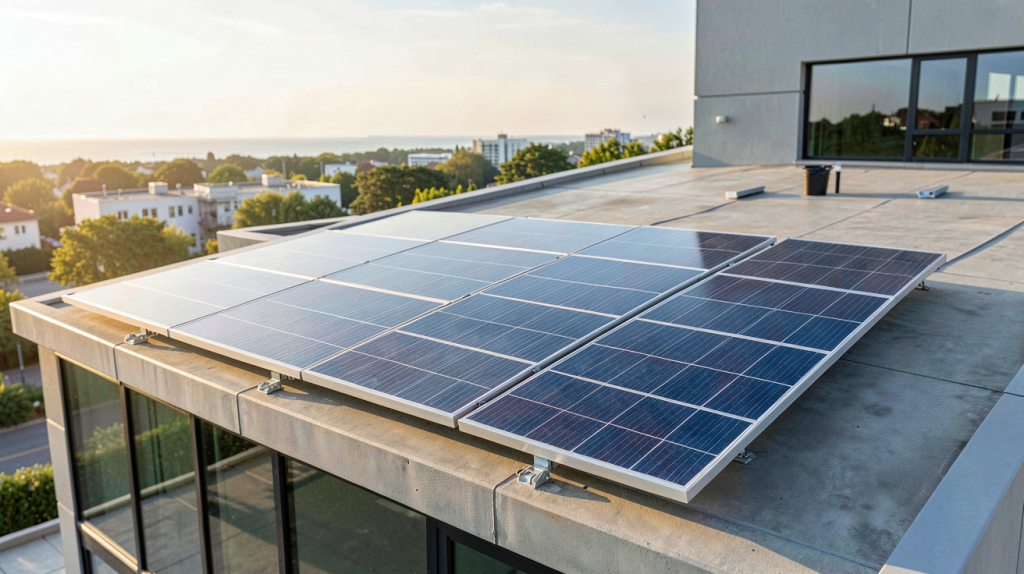 beem panneau solaire installé sur le toit d'un bâtiment moderne, capturé en plein jour avec une lumière naturelle éclatante