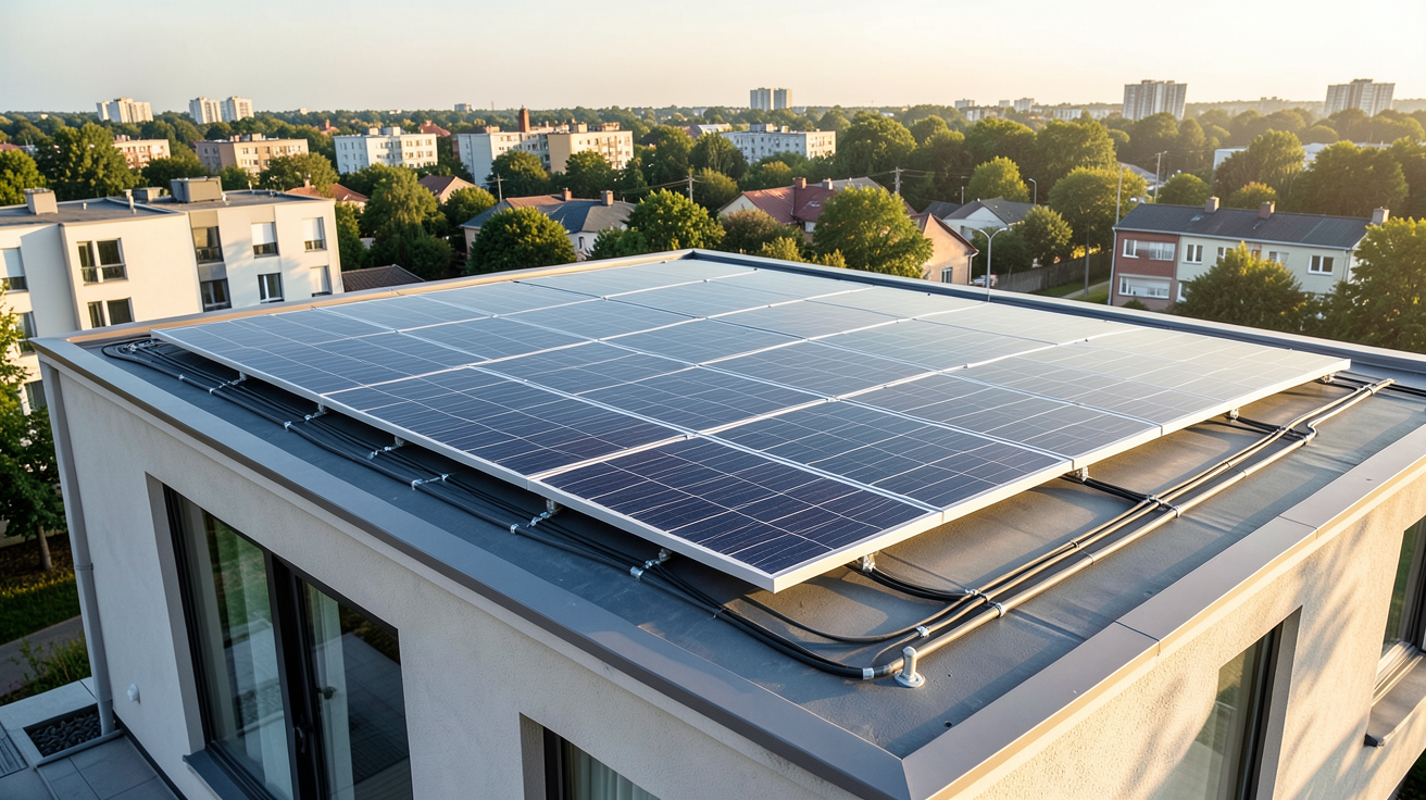 beem sur le toit d'une maison contemporaine avec installation solaire intelligente en lumière naturelle